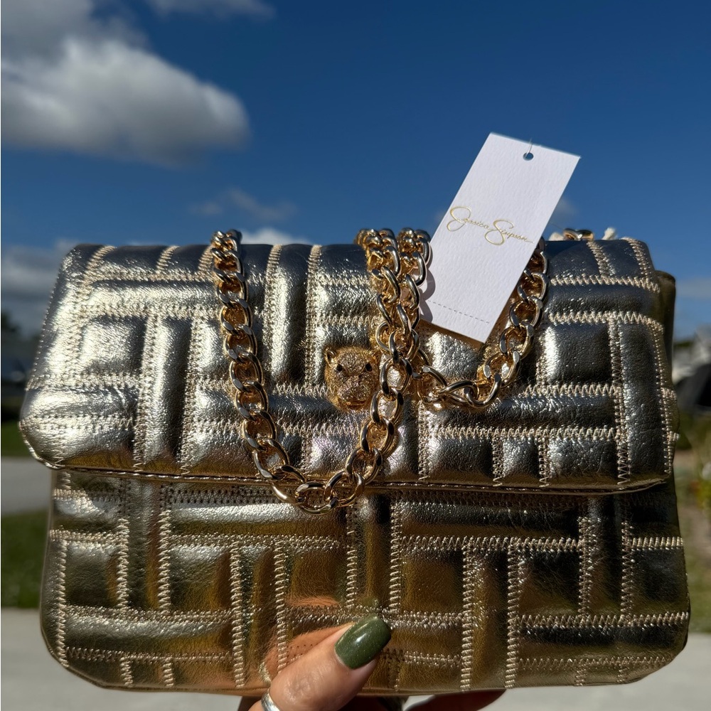 JESSICA SIMPSON Gillian Gold Quilted Shoulder/Crossbody Chain Bag In Gold - Picture 5 of 14